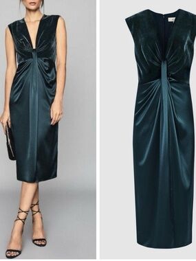 Reiss Livvy Plunge Velvet & Satin Midi Dress - Teal - Size 8